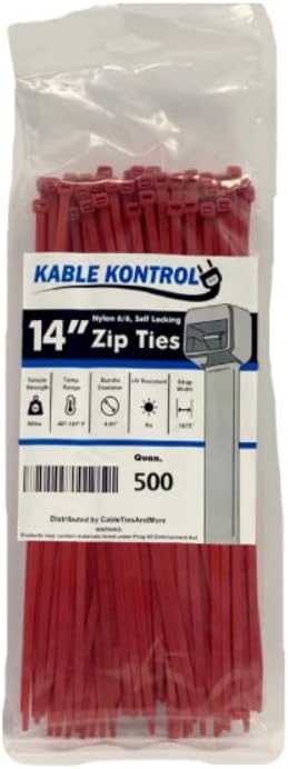 Kable Kontrol Red Zip Ties 14 Inch for Indoor and Outdoor Use