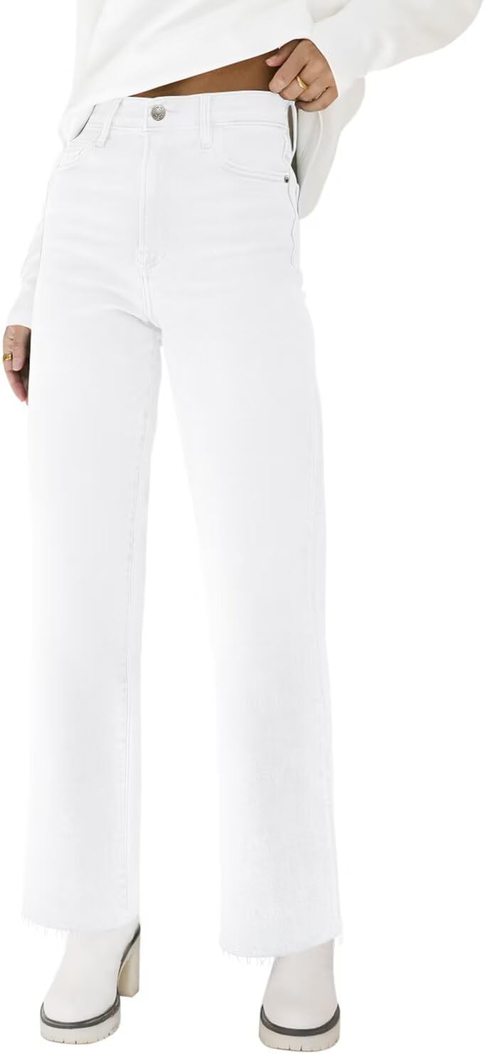 KDF High Waisted Straight Leg Jeans with Frayed Hem for Women