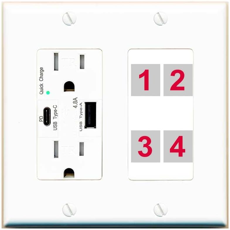 RiteAV Custom Wall Plate 4 Port with USB Charger for Clean Setup