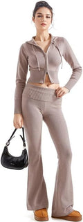Women 2 Piece Knit Set Cropped Zip Hoodie and Foldover Flare Pants