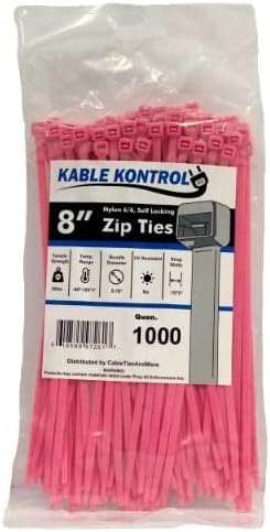 Kable Kontrol Pink Zip Ties 8 Inch for Indoor and Outdoor Use