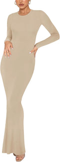 Women's Crew Neck Ribbed Bodycon Maxi Dress - Long Sleeve Elegant Fit