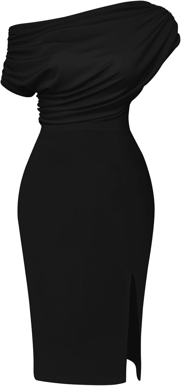 Elegant Off Shoulder Split Hem Bodycon Midi Dress for Parties