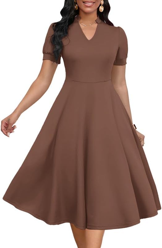 Womens Short Puff Sleeve V Neck Casual Cocktail A-Line Dress