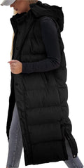 Womens Long Quilted Puffer Vest with Hood - Warm Layering