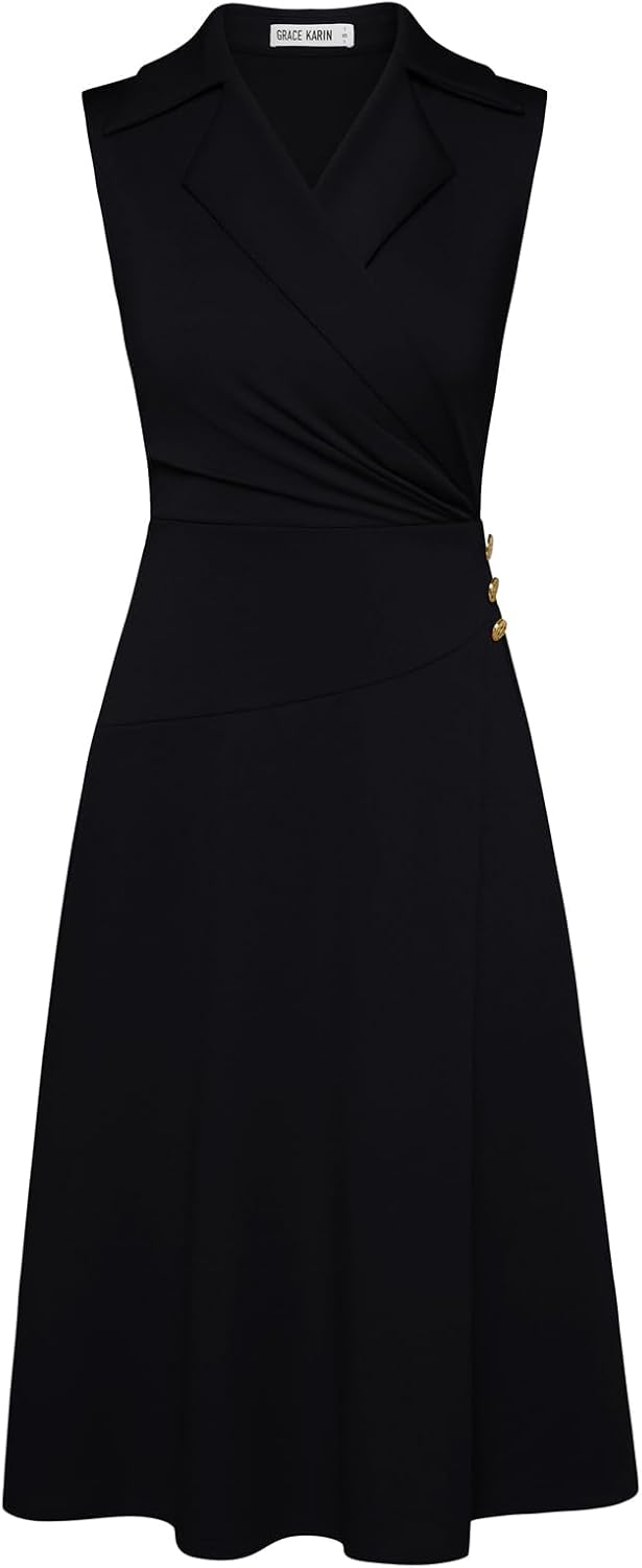 Notch Lapel Ruched Wrap V Neck Business Work Dress for Women