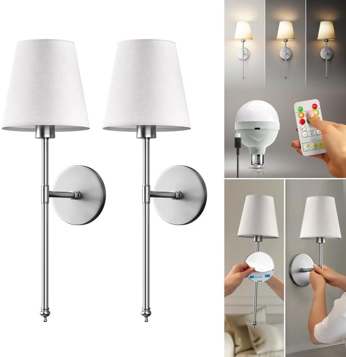 Set of 2 Wireless Wall Sconces with Rechargeable LED Bulbs