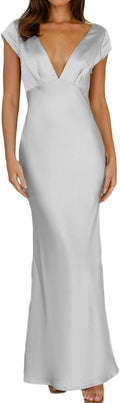 Halfisland Womens Satin V Neck Cap Sleeve Backless Maxi Dress