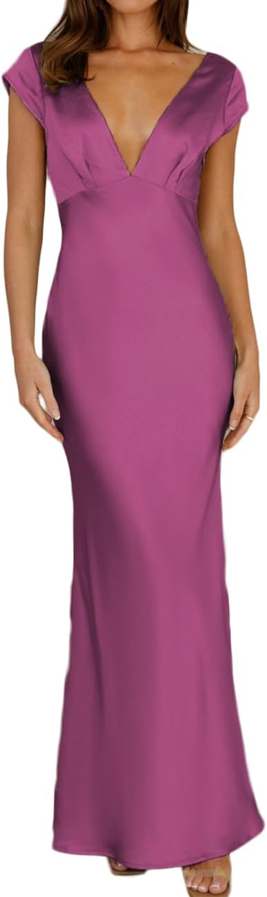 Halfisland Womens Summer Satin V Neck Cap Sleeve Maxi Dress