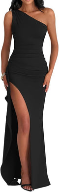 LAGSHIAN Women's Elegant One-Shoulder Maxi Dress - High Split Ruched