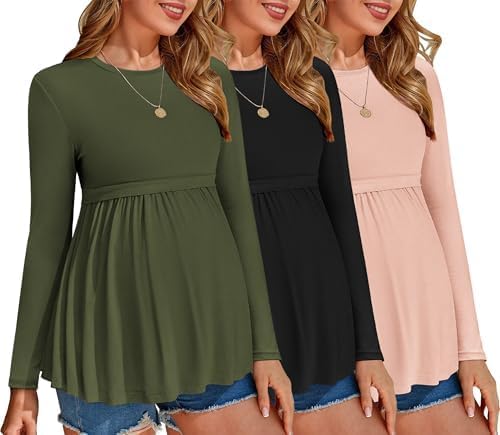 Ekouaer Maternity Shirts 3 Packs Long Sleeve Tops for Moms