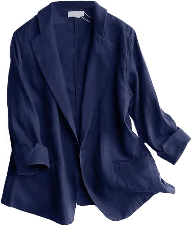 Linen Blazer for Women 3/4 Sleeve Lightweight Spring Summer