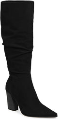 Knee High Pointed Toe Boots - Wide Calf Faux Suede Chunky Heel