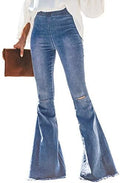 Women Destroyed Flare Jeans with Elastic Waist and Raw Hem - Fit