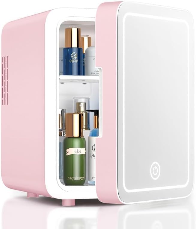 Skincare Fridge with LED Light Mirror for Cosmetics and Food