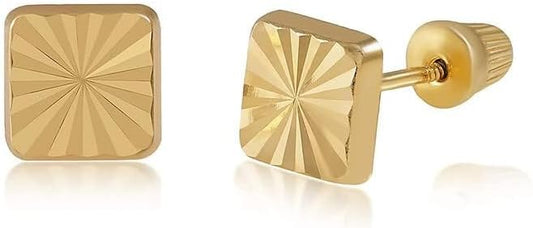 14K Real Yellow Gold Diamond Cut Stud Earrings for Women & Mom