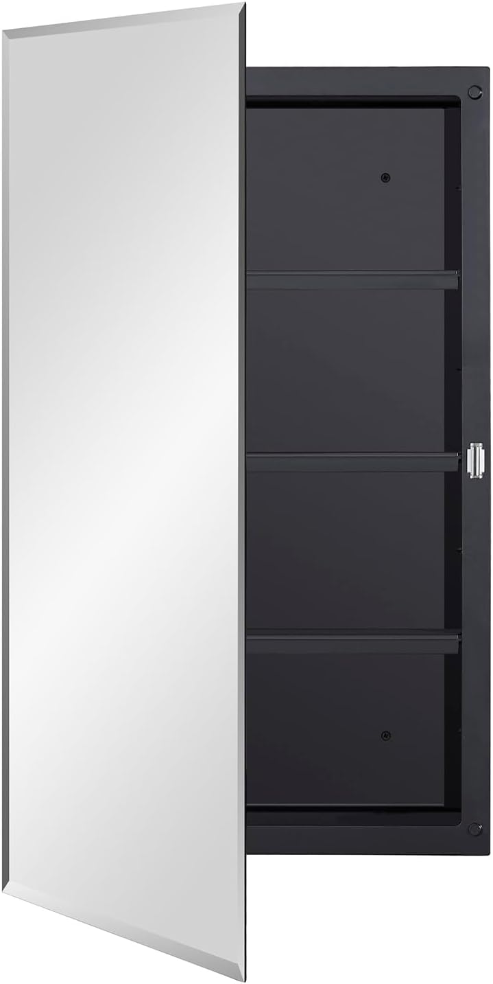 Black Plastic Medicine Mirror Cabinet with Beveled Edge Design