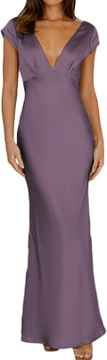 Summer Satin V Neck Maxi Dress for Women with Cap Sleeves