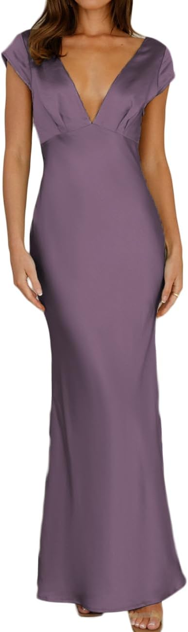 Halfisland Womens Summer Satin V Neck Cap Sleeve Maxi Dress