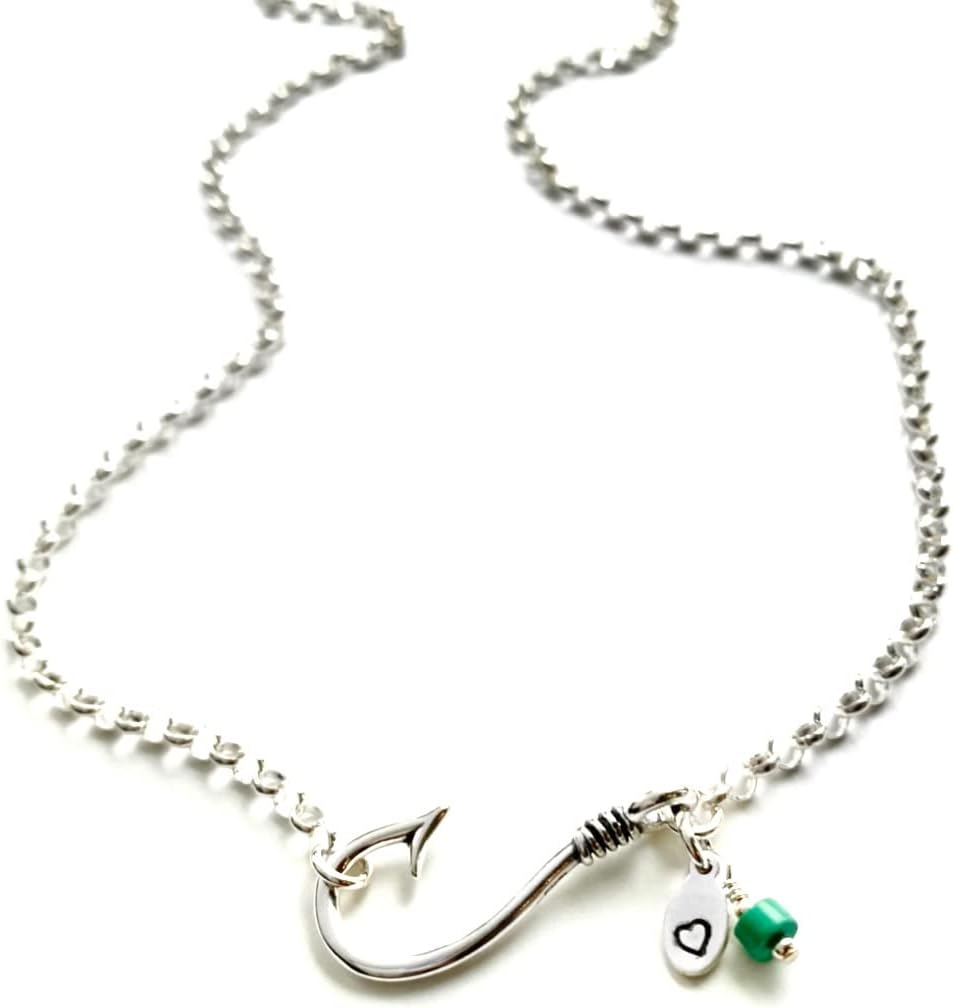 Sporty Sterling Silver Fishhook Necklace with Turquoise Beads