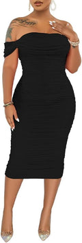 PINSV Women Ruched Off Shoulder Bodycon Midi Dress - Elegant Fit