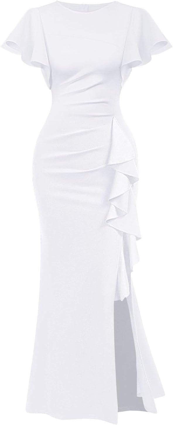 Memoriesea Women's Elegant High Split Ruched Bodycon Dress