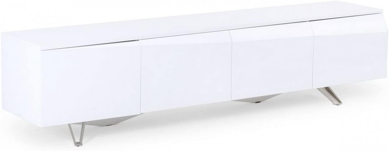 Modern White TV Stand: Benjara 4-Door, Stainless Steel Legs