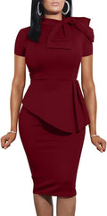 Women Peplum Bodycon Peplum Dress with Bow and Turtle Neck