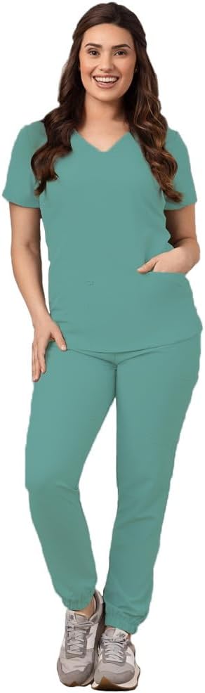 Green Town Scrubs for Women - Stylish Jogger Pant and V-Neck Top
