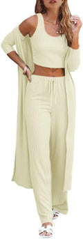 Womens 3 Piece Lounge Sets Knit Cardigan Crop Top Wide Leg Pants