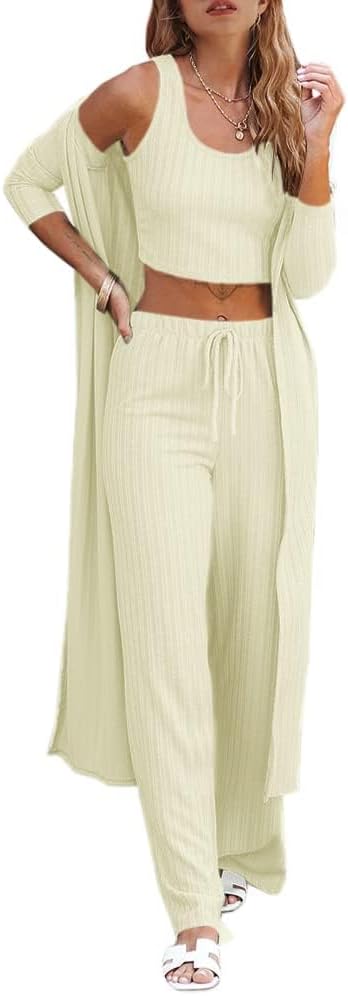 Womens 3 Piece Lounge Sets Pajamas Knit Cardigan Crop Top