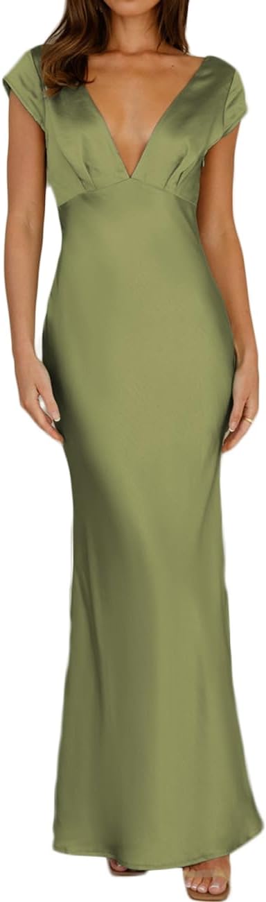 Elegant Summer Satin V Neck Cap Sleeve Backless Maxi Dress