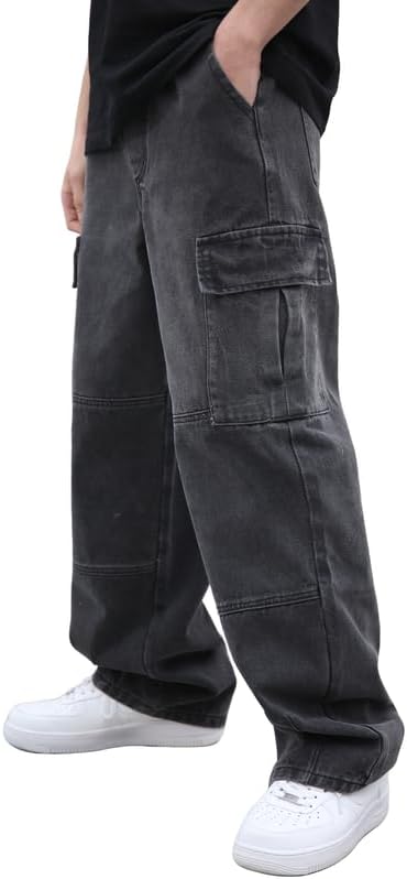 Mens Baggy Cargo Jeans Wide Leg Hip Hop Streetwear Denim Pants