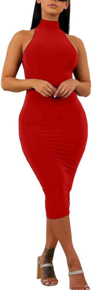 GOBLES Women's Sexy Halter High Neck Bodycon Midi Dress