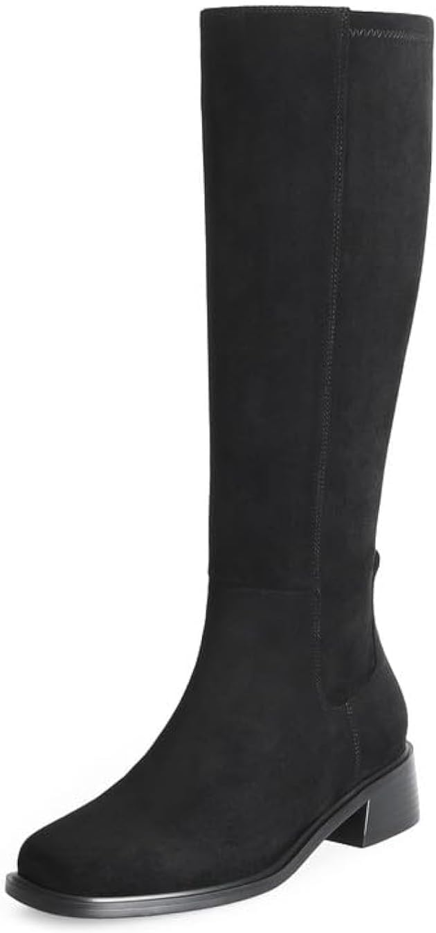 Knee High Boots Women Faux Leather Elastic Low Heel Square Toe