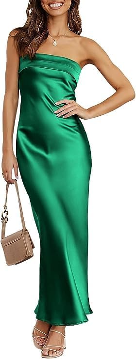Realtix Satin Silk Backless Tube Tops Maxi Dress for Women
