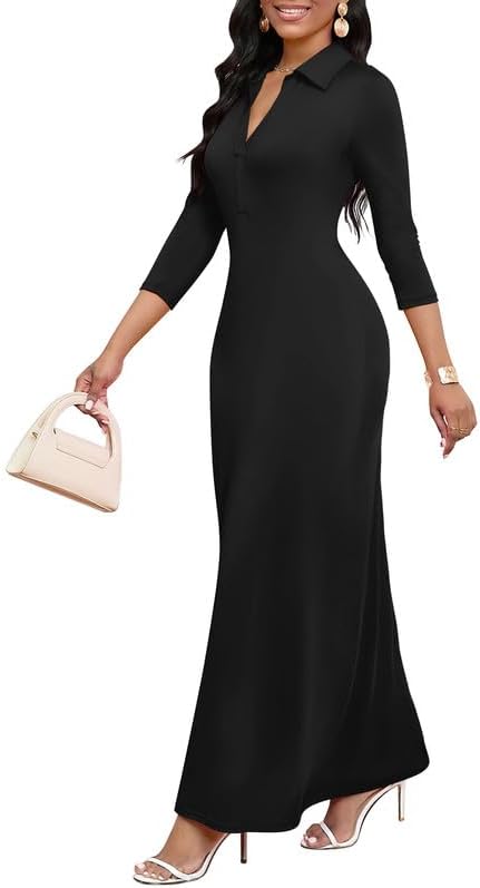 Maxi Dresses for Women Casual V Neck 3/4 Sleeve Bodycon Style