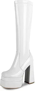 Stacked Platform Knee High Boots for Women with Chunky Heel