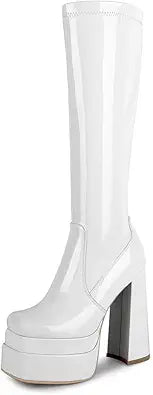 Stacked Platform Knee High Boots for Women with Chunky Heel