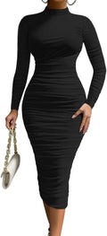 Women's Cocktail Bodycon Long Sleeve Mock Neck Midi Dress - Mesh