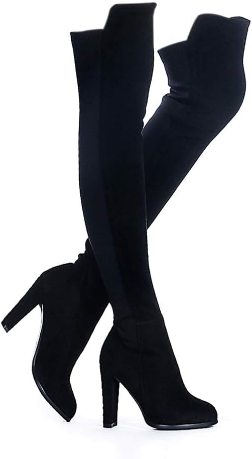 Shoe'N Tale Women Faux Suede Chunky Heel Thigh High Boots