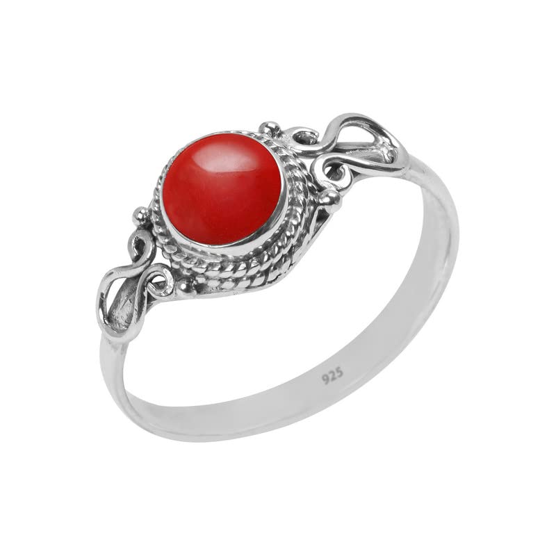 Handmade Coral Stone Ring in 925 Sterling Silver for Women