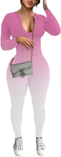 Women Long Sleeve Bodycon Jumpsuit One Piece Zip Up Romper - Soft Knit