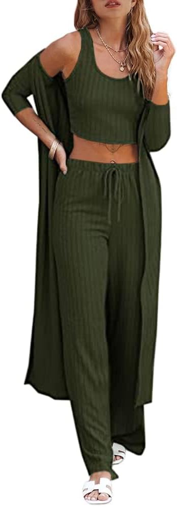 Womens 3 Piece Lounge Sets Pajamas Knit Long Sleeve Cardigan