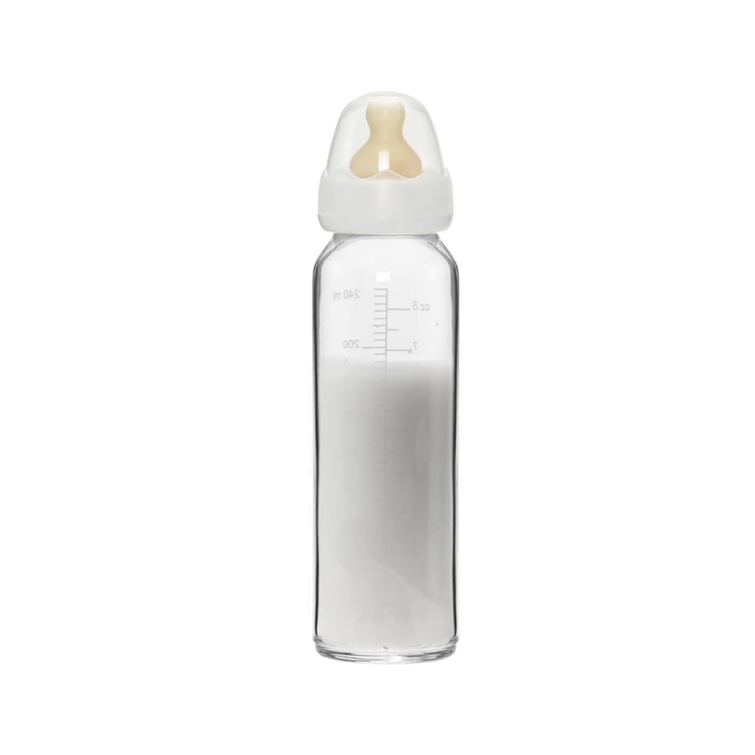 HEVEA Glass Baby Bottle - Anti Colic Medium Flow Nipples - 3+ Months