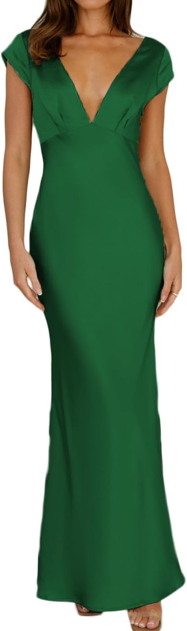 Halfisland Womens Summer Satin V Neck Cap Sleeve Maxi Dress
