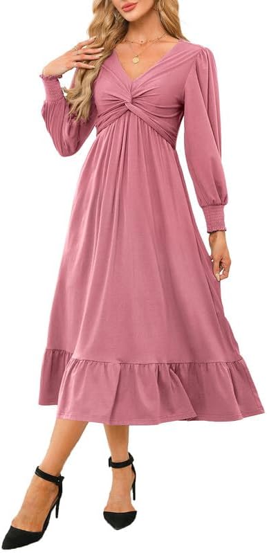 Dokotoo Womens 2024 Wrap V-Neck Twist Knot Long Sleeve Dress