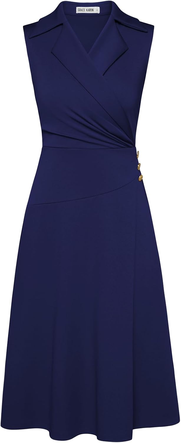 Notch Lapel Ruched Wrap V Neck Business Work Dress for Women