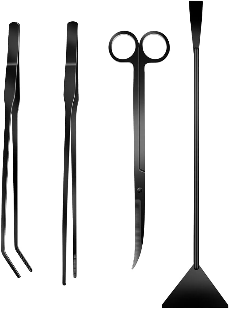 4Pcs Stainless Steel Aquarium Tools Set | Anti-Rust Coating, Aquascaping Tweezers, Scissors, Scrapers | PAFOWO