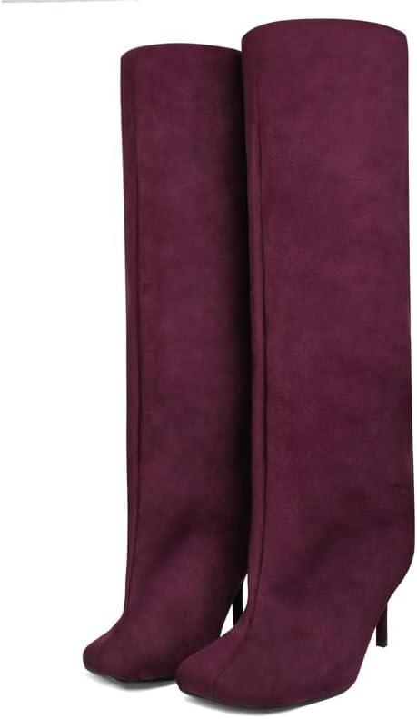 Knee High Boots Wide Calf Women Long Suede Square Toe Bootie